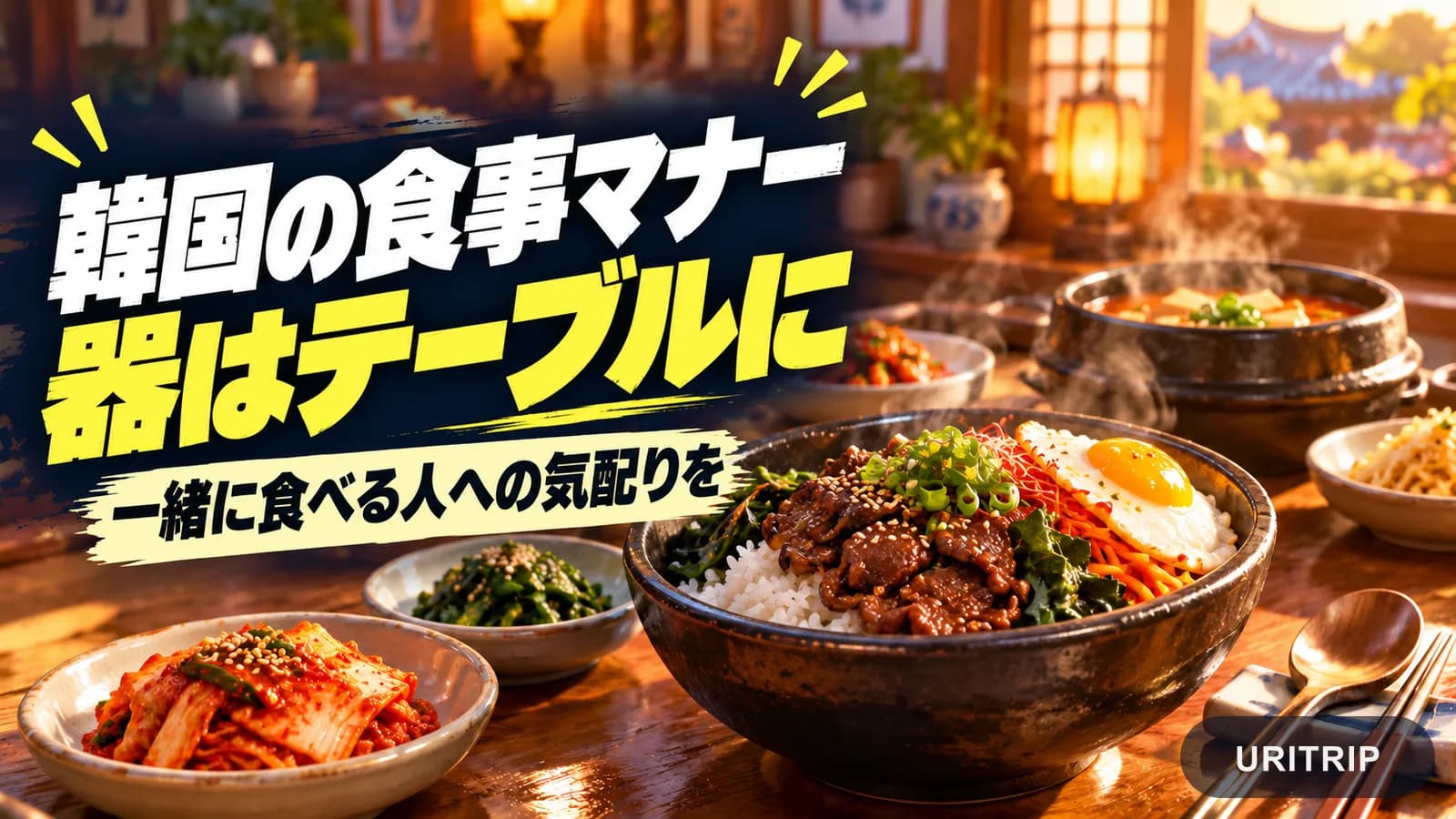 テーブルに置いた韓国料理の器と、食事中の気配りを伝える見出し
