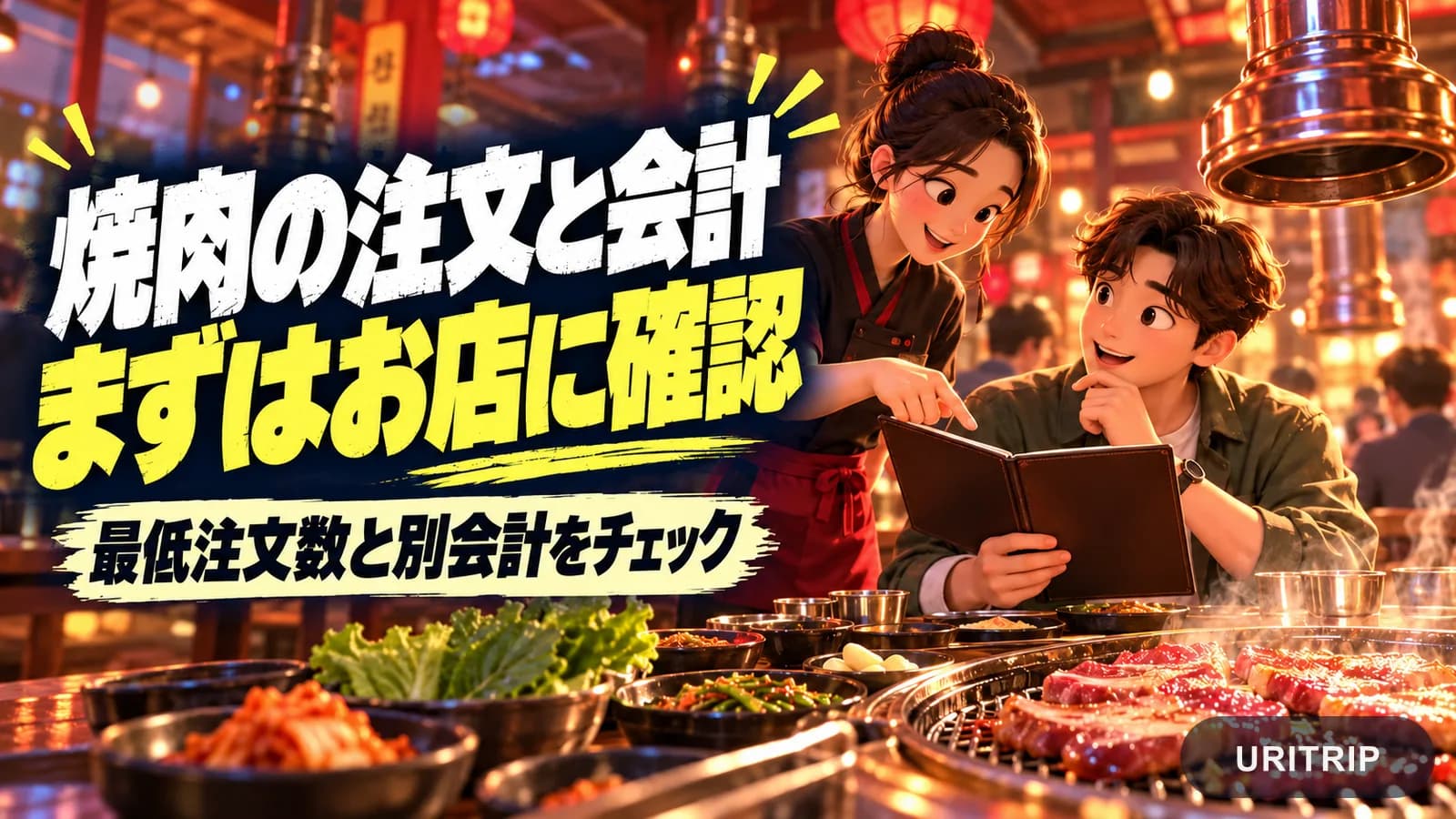 焼肉店でメニューを確認する客とスタッフを描いた注文・会計の案内画像