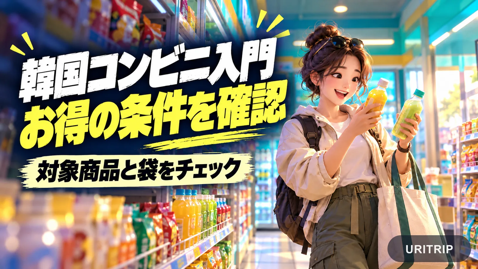 飲み物とエコバッグを持つ旅行者を描いた、韓国コンビニの利用案内