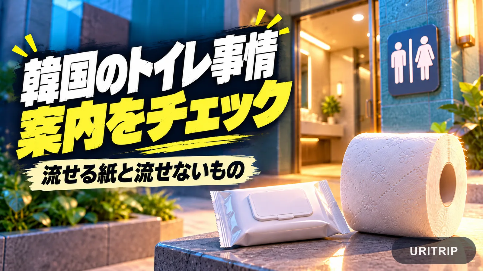 トイレットペーパーとウェットティッシュを並べ、トイレの案内確認を促す画像