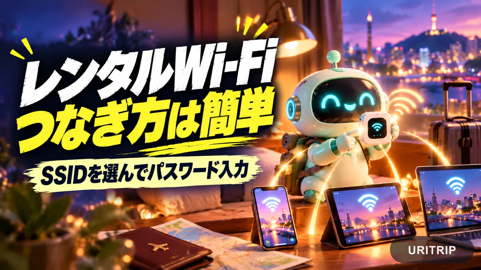 ルーターからスマホ、タブレット、パソコンへ通信をシェアする仕組みを表したイラスト