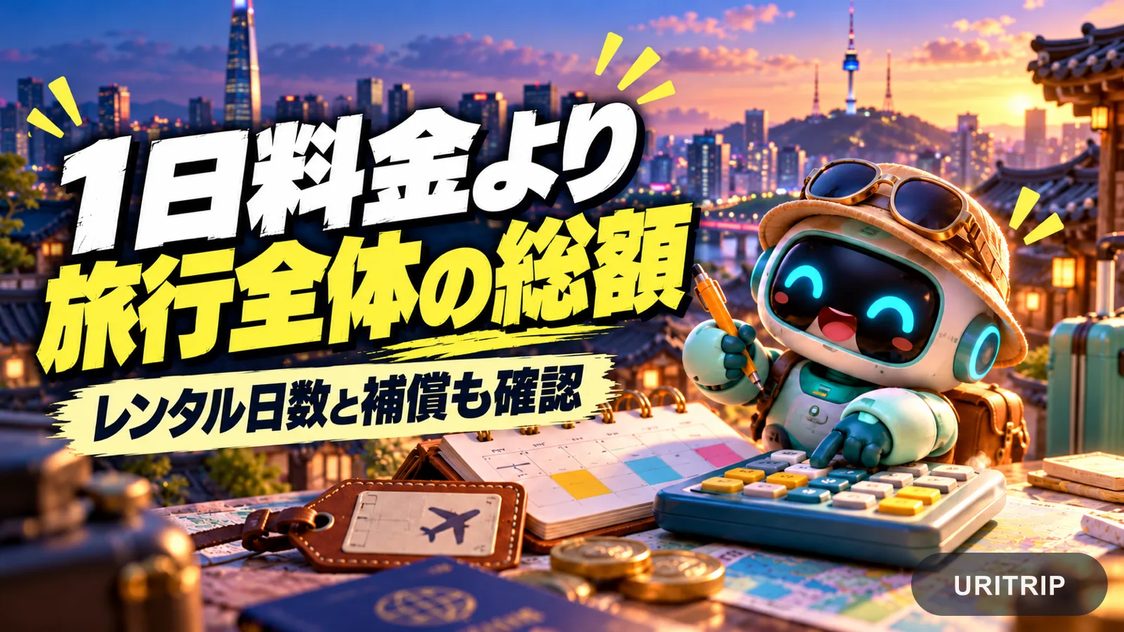 旅行のカレンダーと電卓を使ってレンタル料金の総額を確認するロボットのイラスト