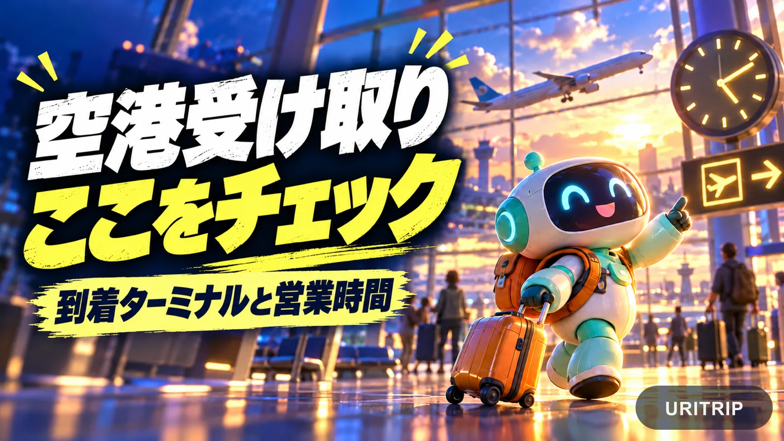 空港の窓と時計を背景に、到着ターミナルとカウンターの営業時間を確認するイラスト