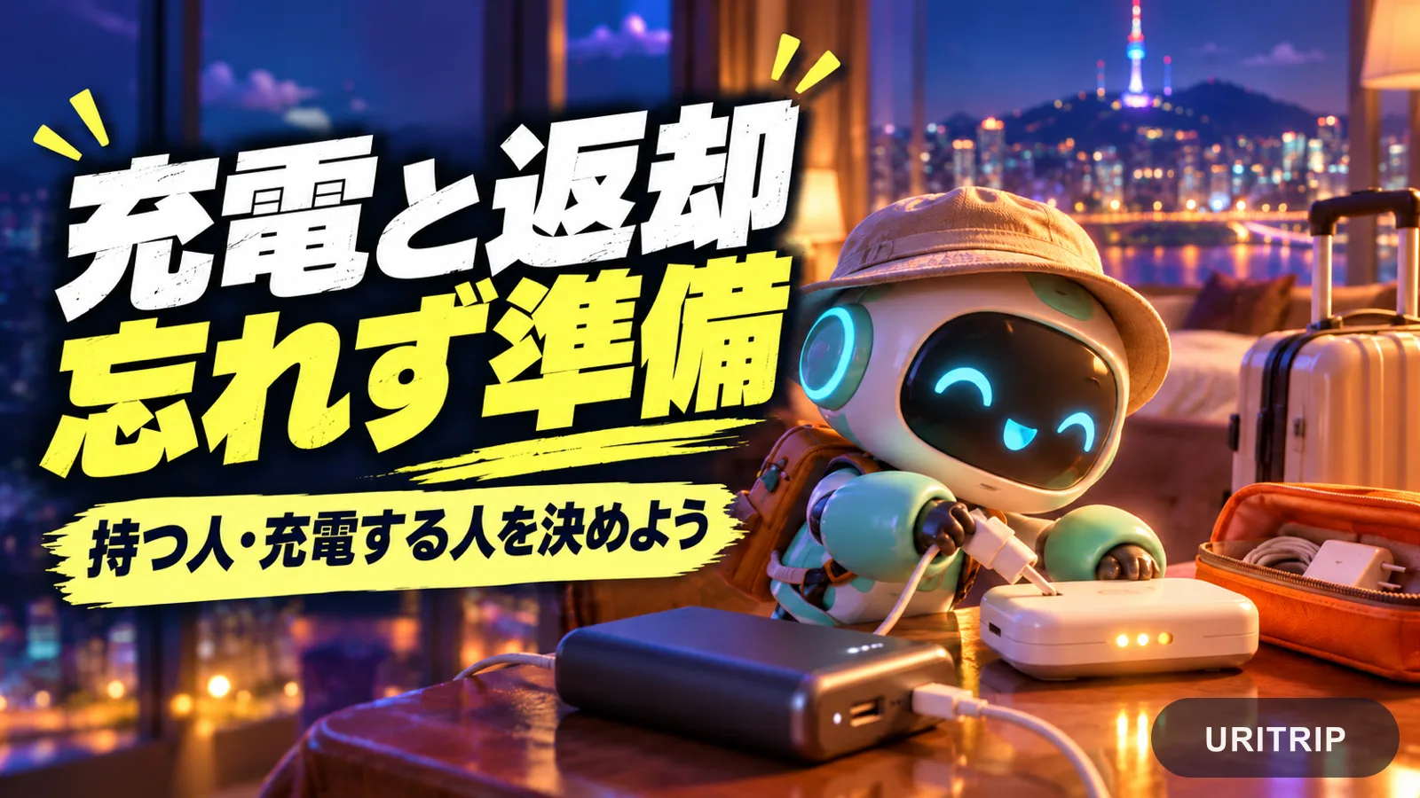 ホテルでモバイルルーターを充電し、返却に向けて付属品をまとめるロボットのイラスト