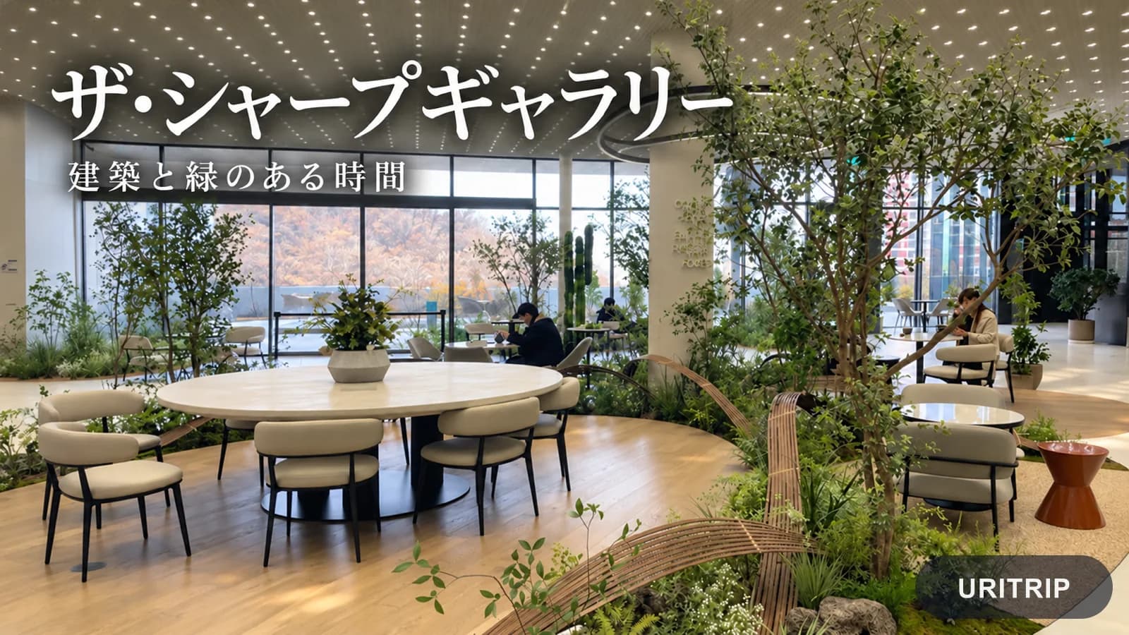 ザ・シャープギャラリーの室内ラウンジ。木や草花の間にテーブルと椅子が置かれている