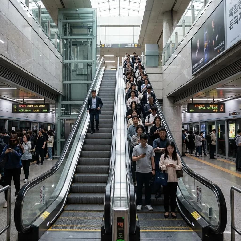 韓国の地下鉄駅のエスカレーター。右側に立ち、左側を歩く人々