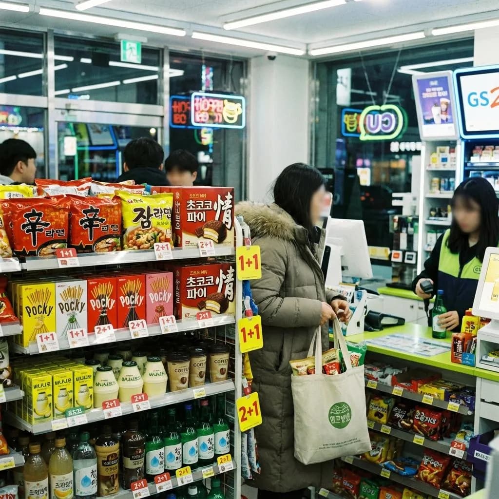 韓国のコンビニで「1+1」の値札が付いた商品棚とレジ
