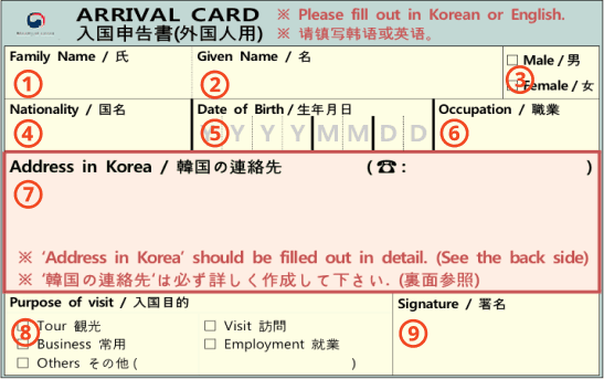 韓国入国カード記入例