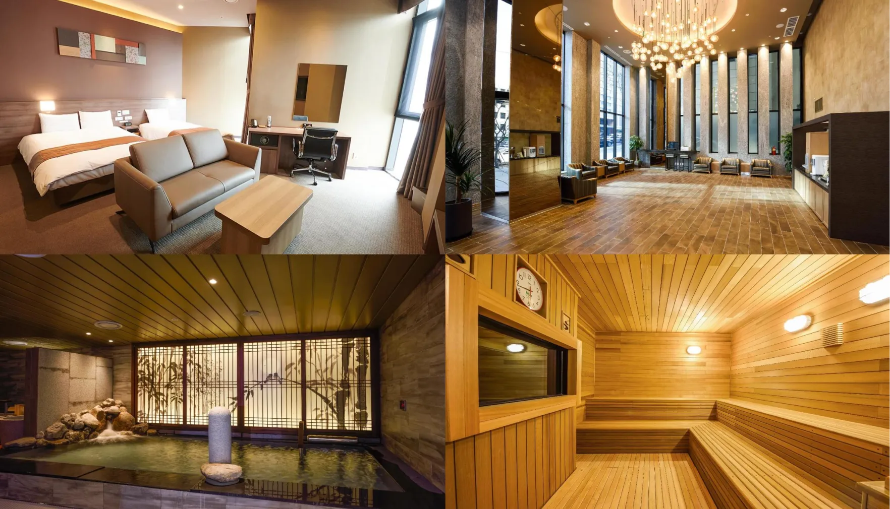 日本の温泉旅館をイメージした和テイストの大浴場が大人気。客室も和モダンな雰囲気が落ち着く !