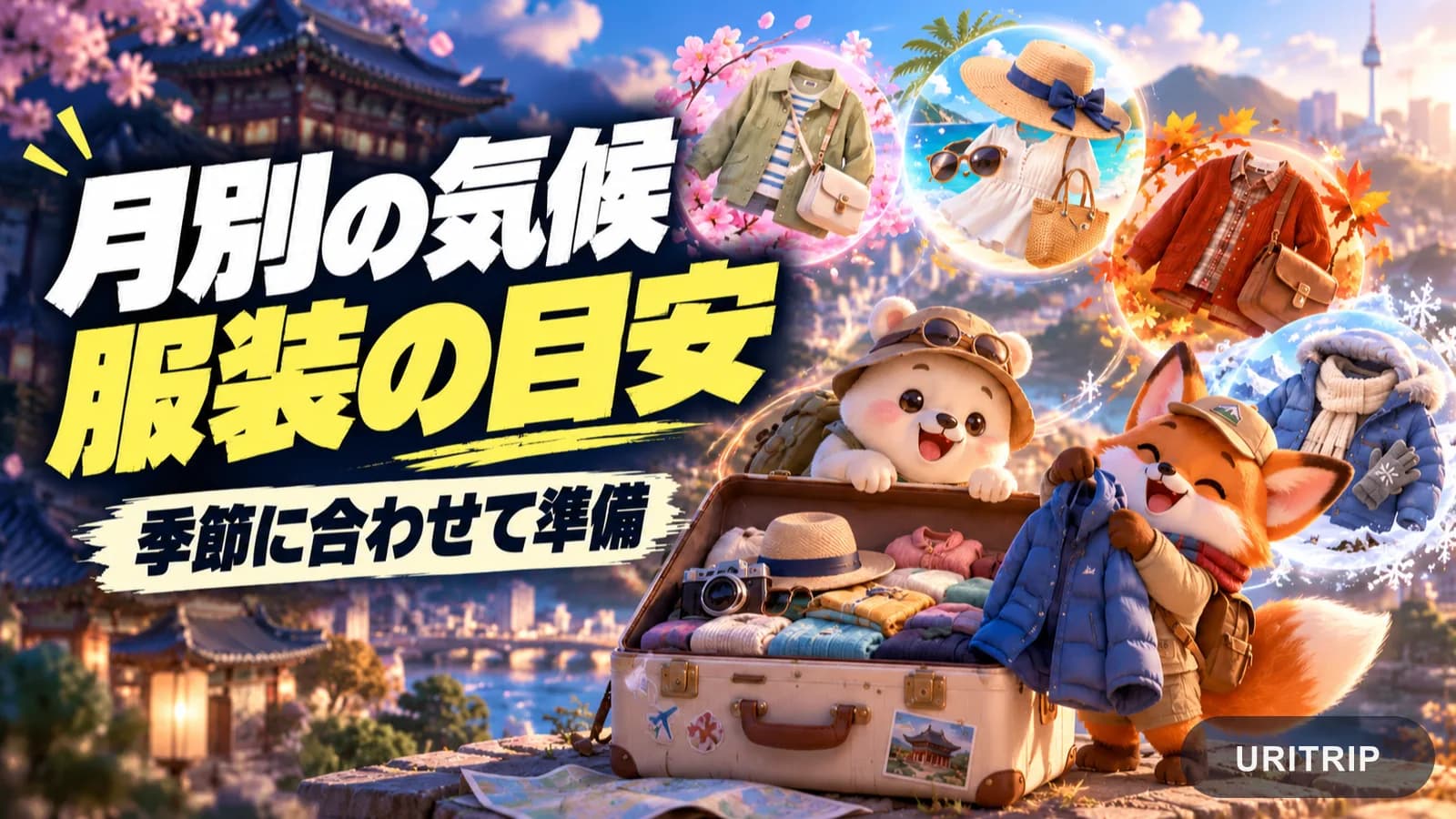 春夏秋冬の衣類や雨具を旅行かばんの周囲に配置した、気候と服装の準備を表すイラスト