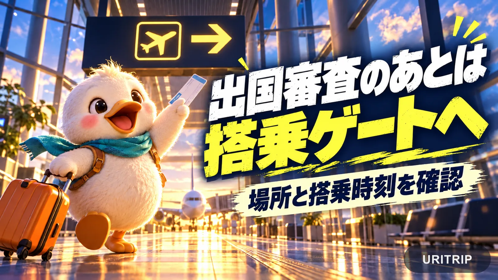 飛行機の案内表示がある通路で搭乗ゲートを確認するアヒルの旅行者と、場所と搭乗時刻を確かめるよう促す日本語の見出し