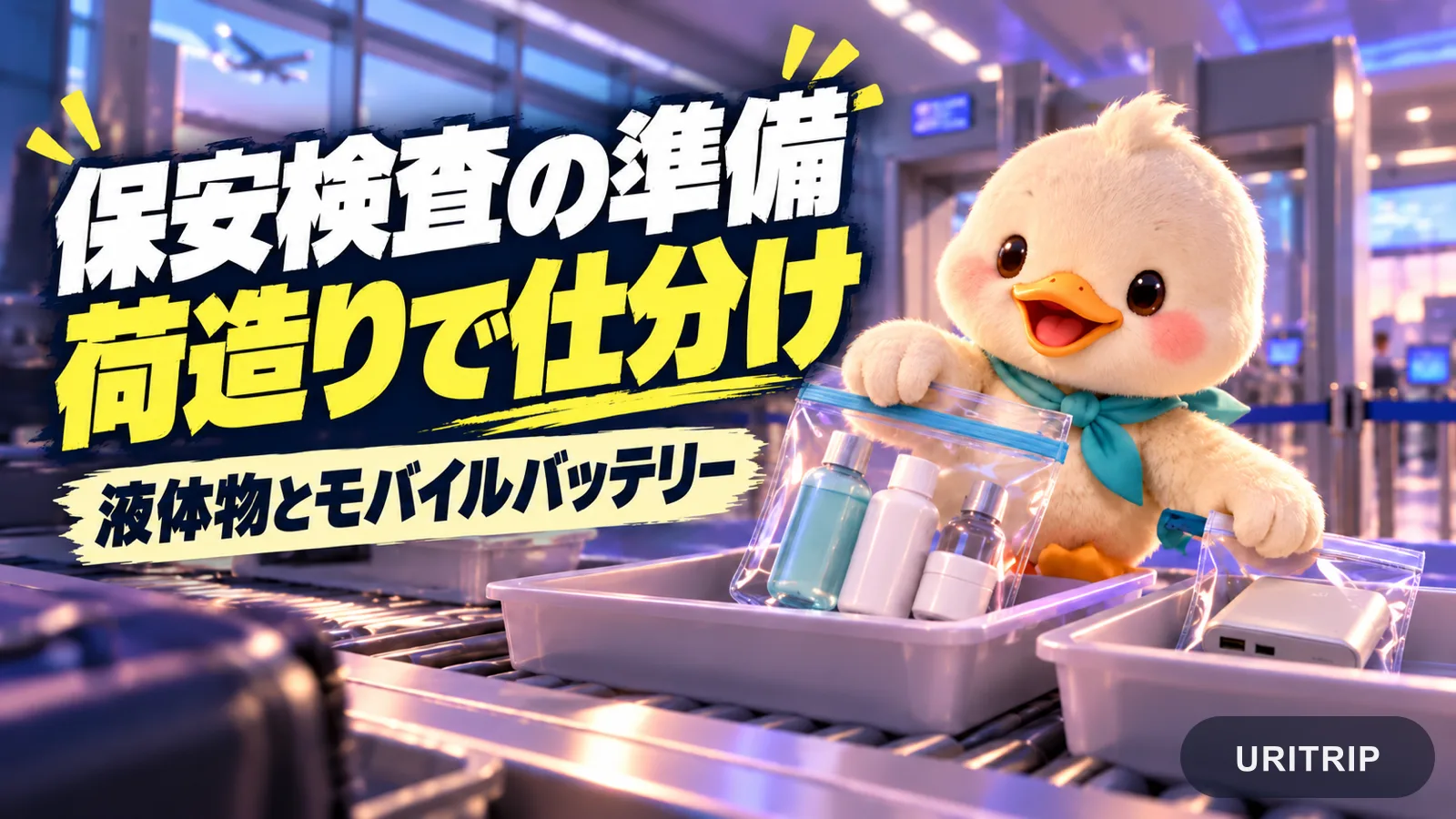 保安検査用トレーに液体物の透明袋と保護したモバイルバッテリーを分けて準備するアヒルの旅行者のイラスト