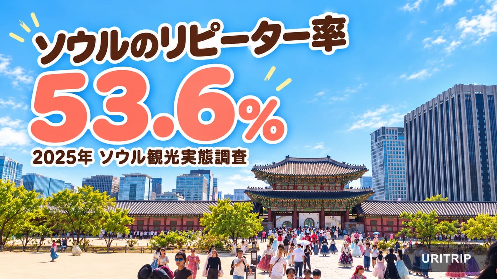 景福宮の観光客を背景に、2025年のソウル観光実態調査によるリピーター率53.6%を示した画像