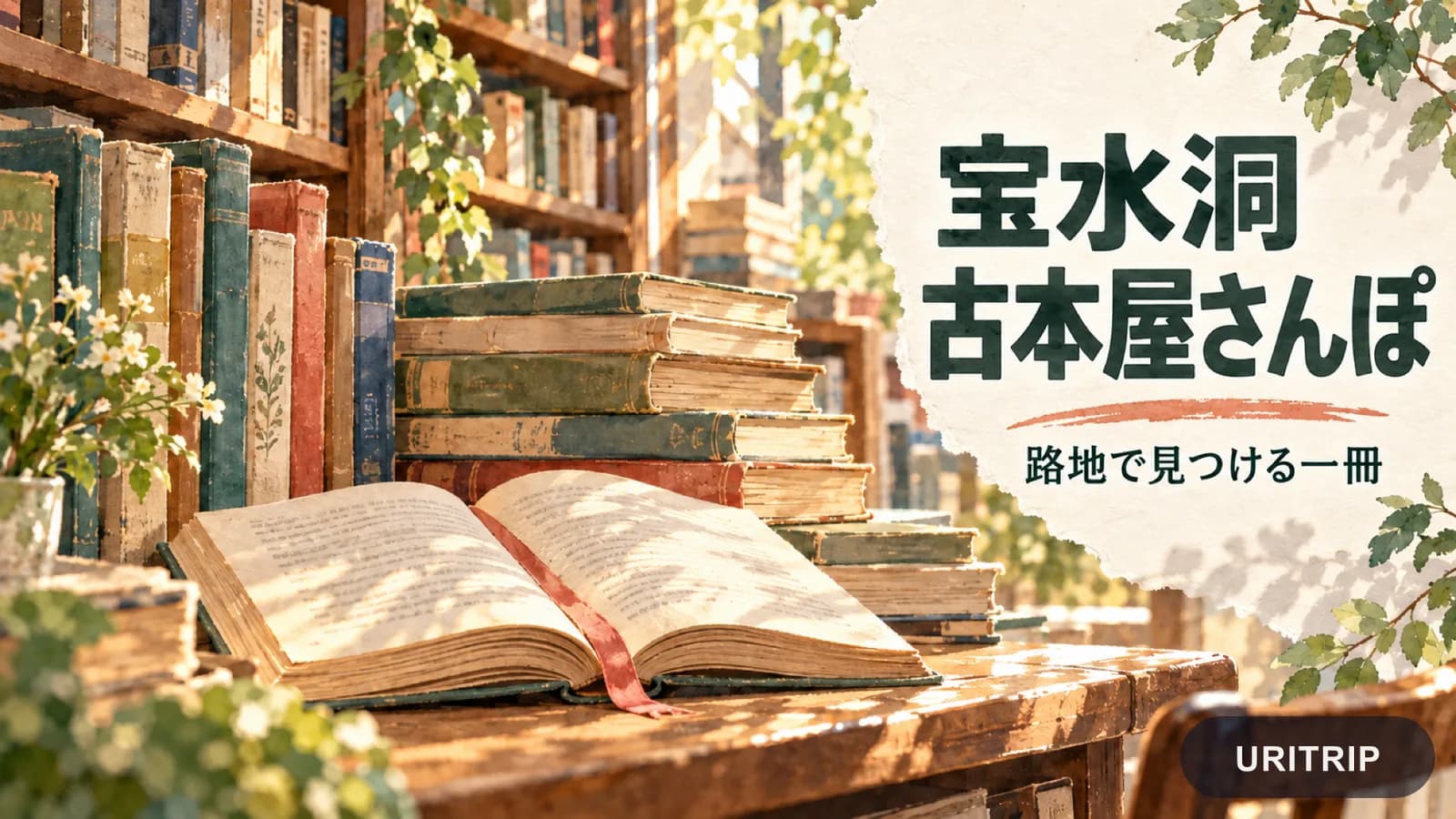 積み重なった古本と開いた一冊で、宝水洞の本屋巡りを表現したイラスト