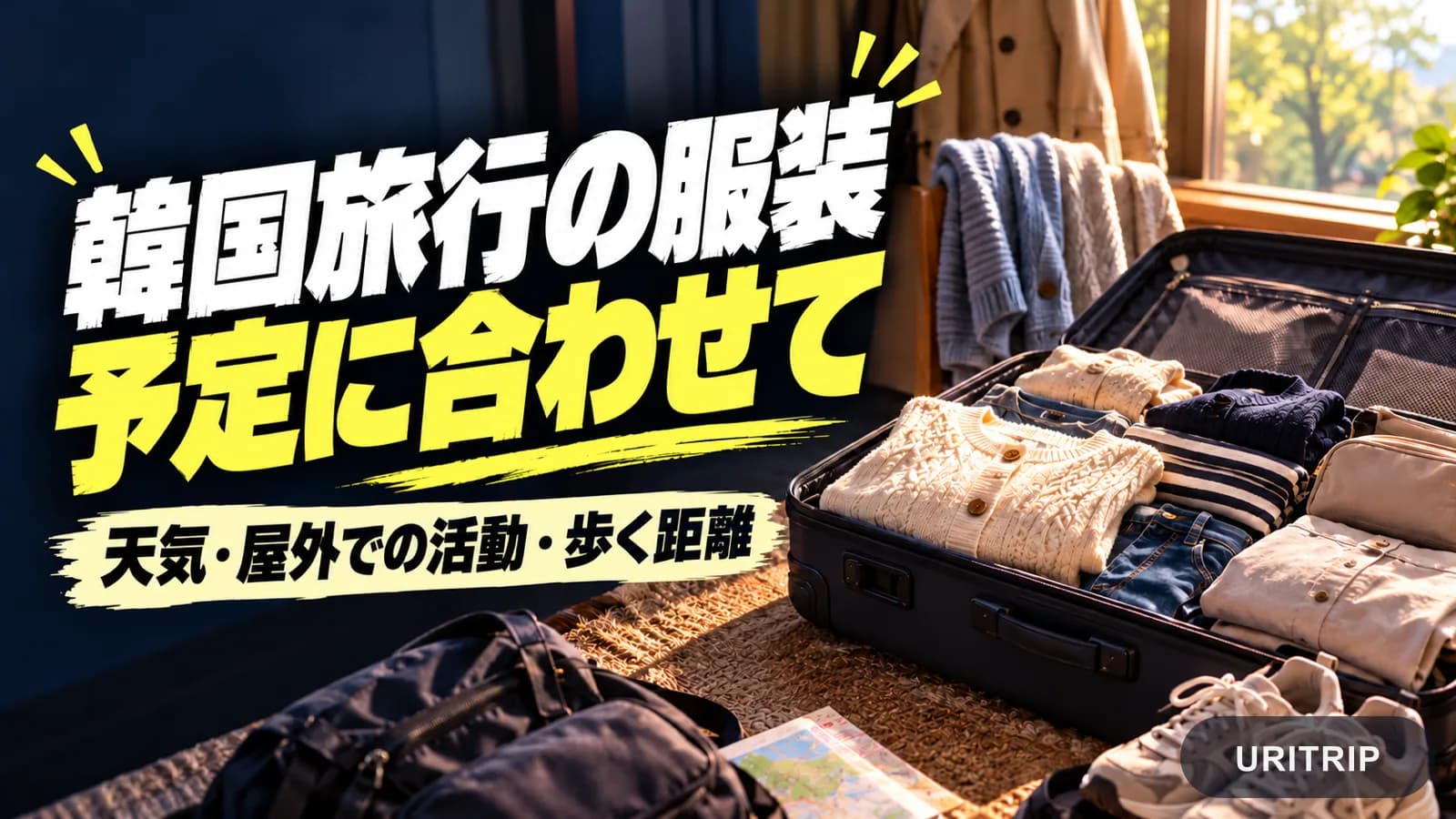 スーツケース、羽織物、歩きやすい靴を並べ、天気と旅程に合う韓国旅行の服装を勧める画像