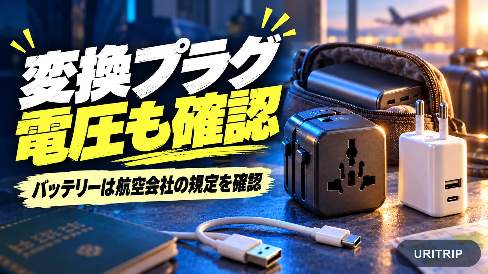 変換プラグと充電器、ポーチに入れたモバイルバッテリーを並べ、電圧と航空会社の規定確認を促す画像