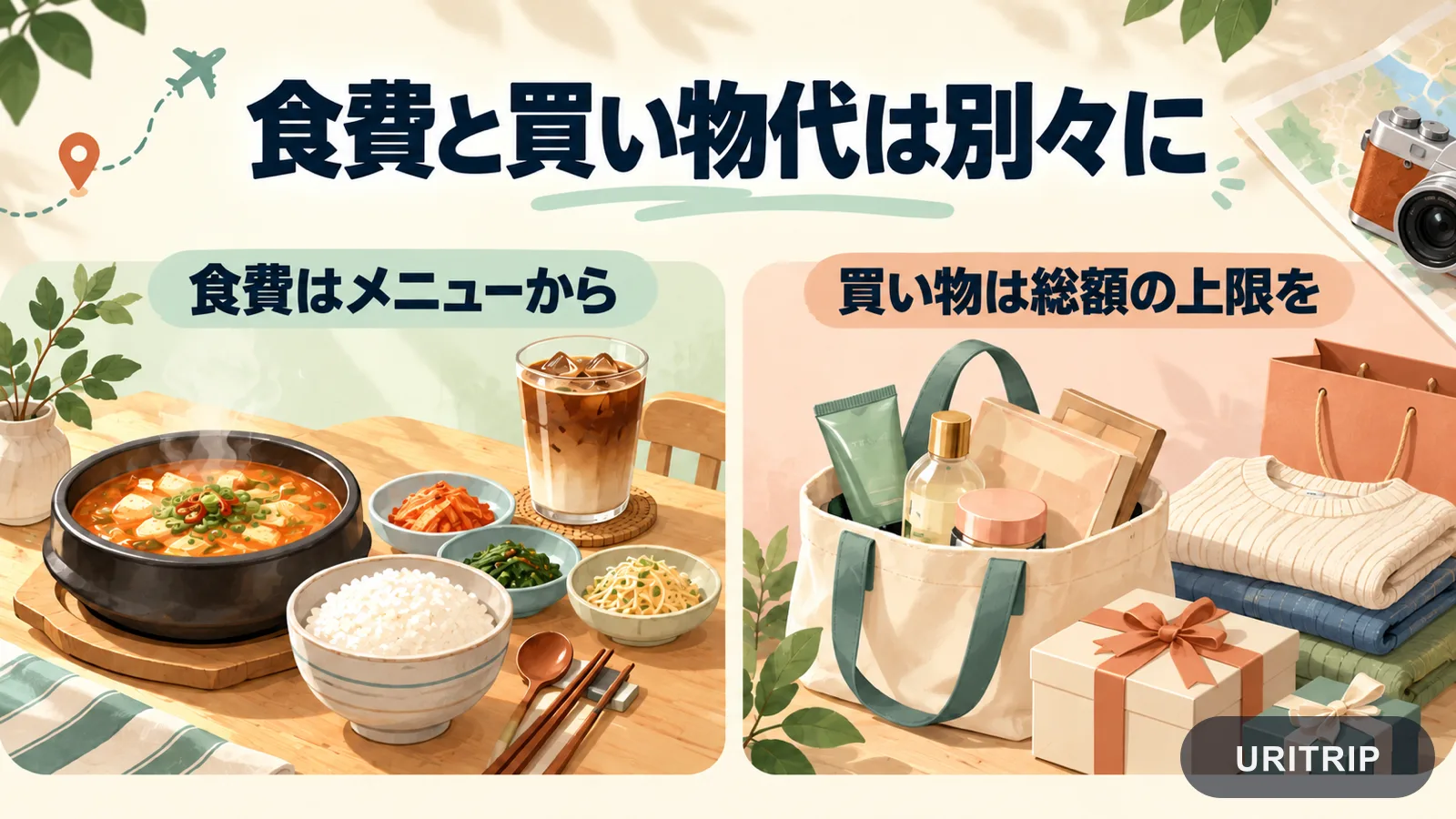 韓国料理とコーヒー、買い物袋を左右に並べ、食費はメニュー、買い物代は総額の上限から決める考え方を示した図