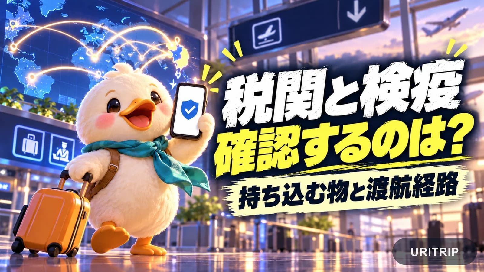 スマートフォンと旅行経路の案内を確認するアヒルの旅行者と、税関と検疫では持ち込む物や渡航経路を確認すると伝える見出し