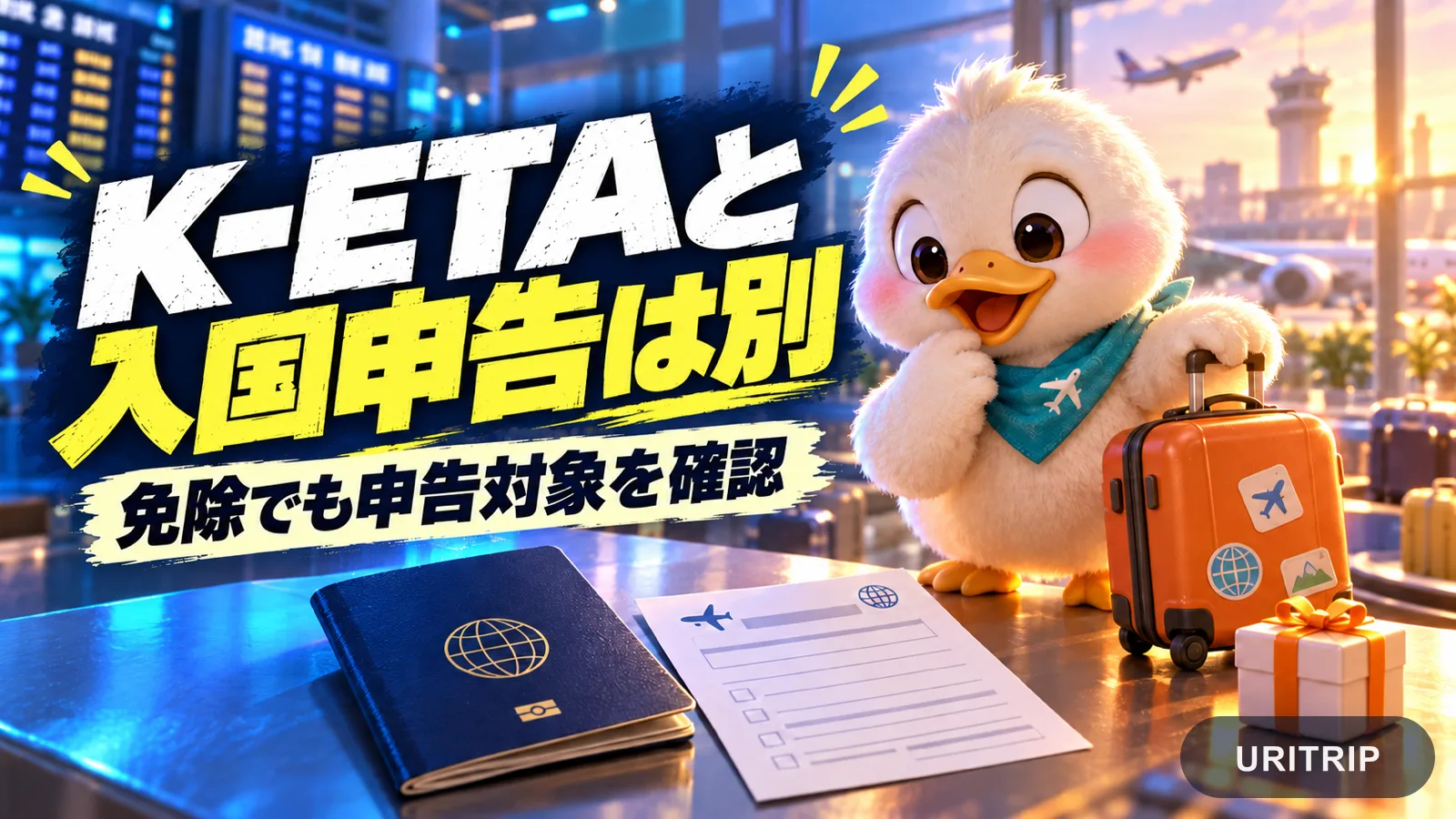 パスポートと申告用の書類を前に考えるアヒルの旅行者と、K-ETAと入国申告は別の手続きだと伝える日本語の見出し