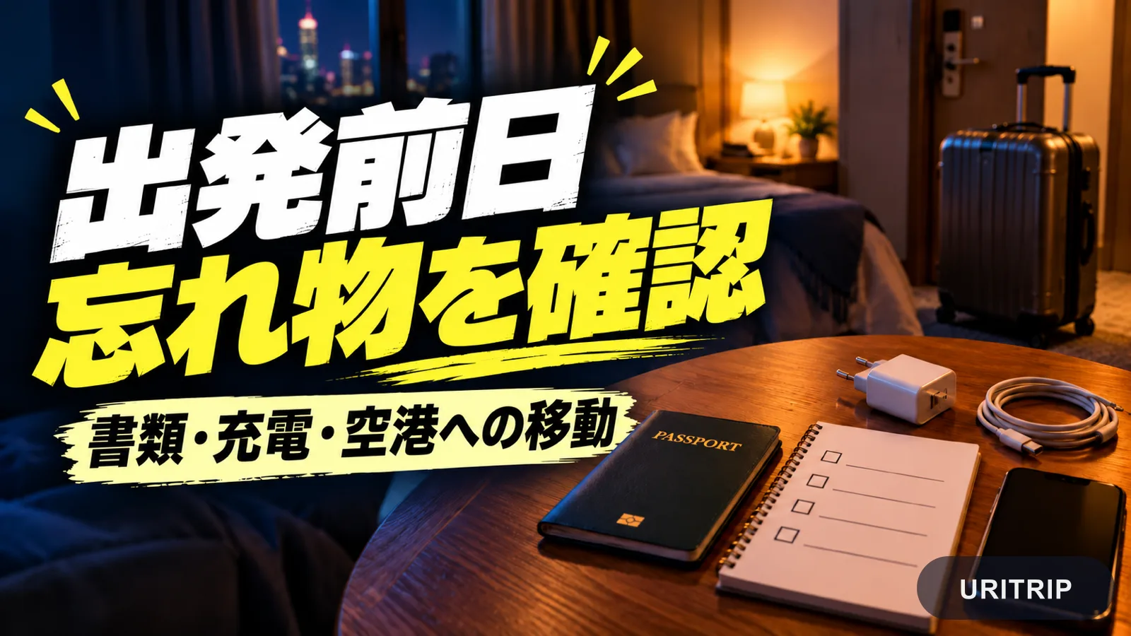 前夜のパスポート、チェックリスト、充電器、スーツケースで出発前の最終確認を表現した画像