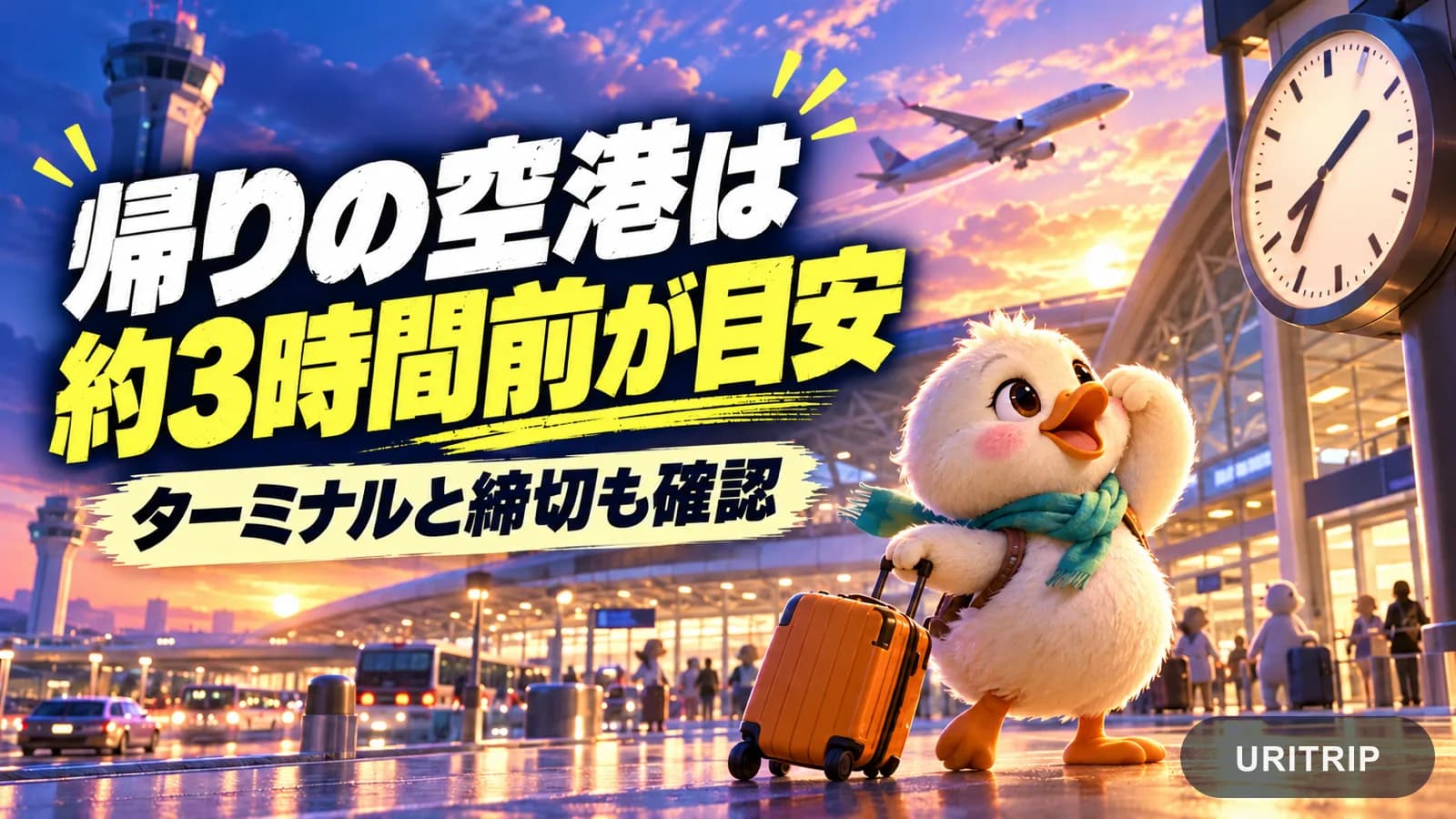 空港の時計を見上げるアヒルの旅行者と、帰りの空港は約3時間前を目安にターミナルと締切も確認するよう促す見出し