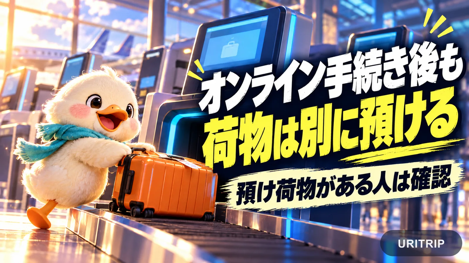 セルフサービスのカウンターでスーツケースをベルトに載せるアヒルの旅行者と、オンライン手続き後も荷物は別に預けると説明する見出し