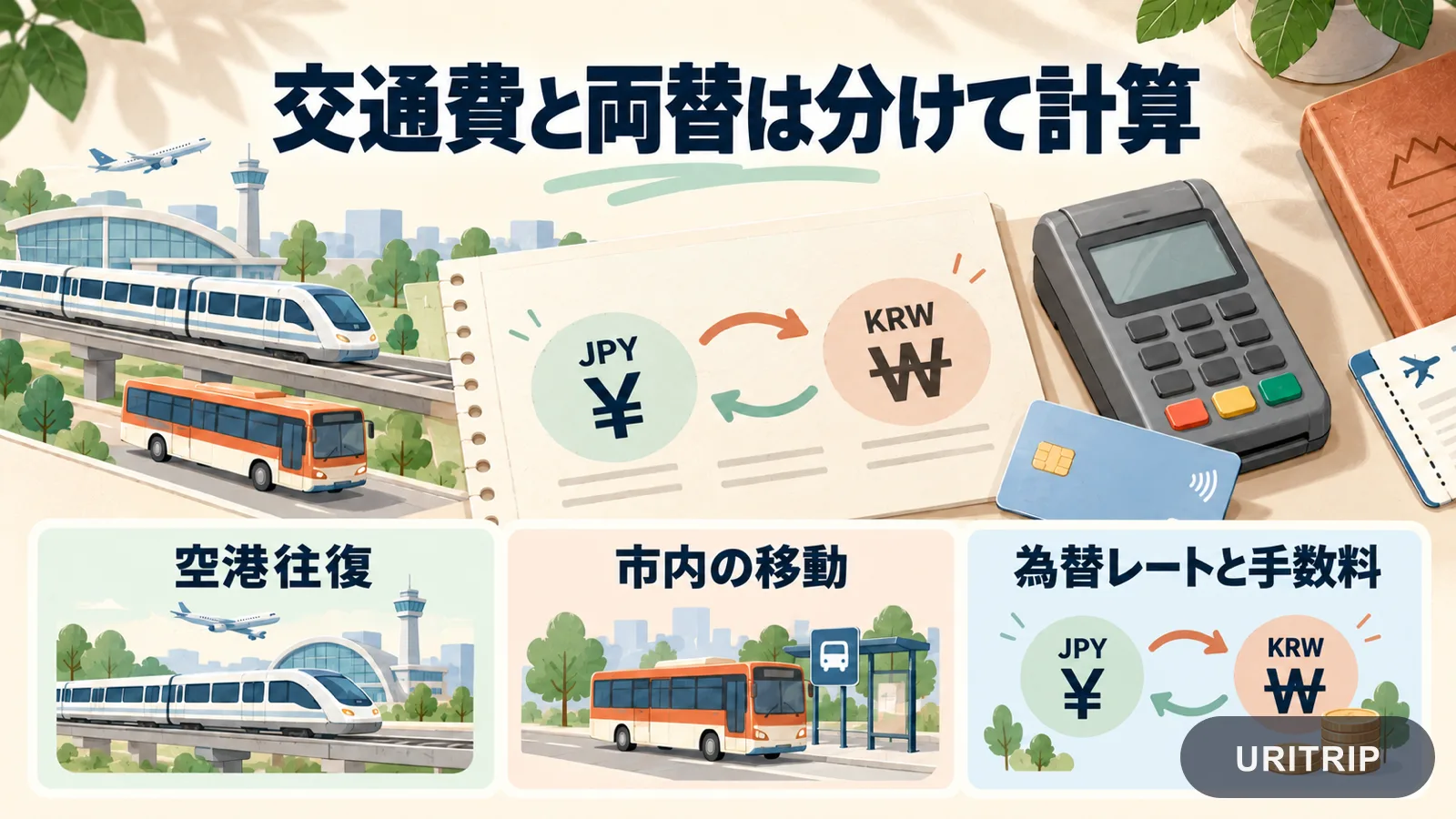 空港鉄道と市内バス、円とウォンの記号を配し、空港往復・市内移動・為替レートと手数料を区別した図