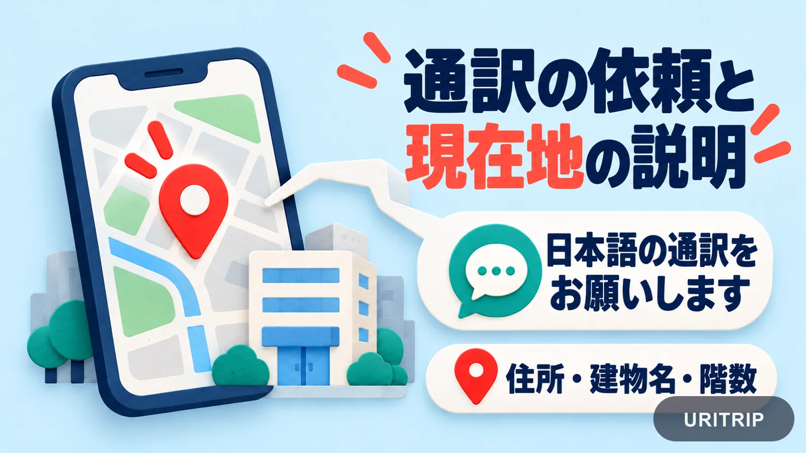 地図のピンと建物、吹き出しで日本語通訳の依頼と住所・建物名・階数の伝え方を示したイラスト