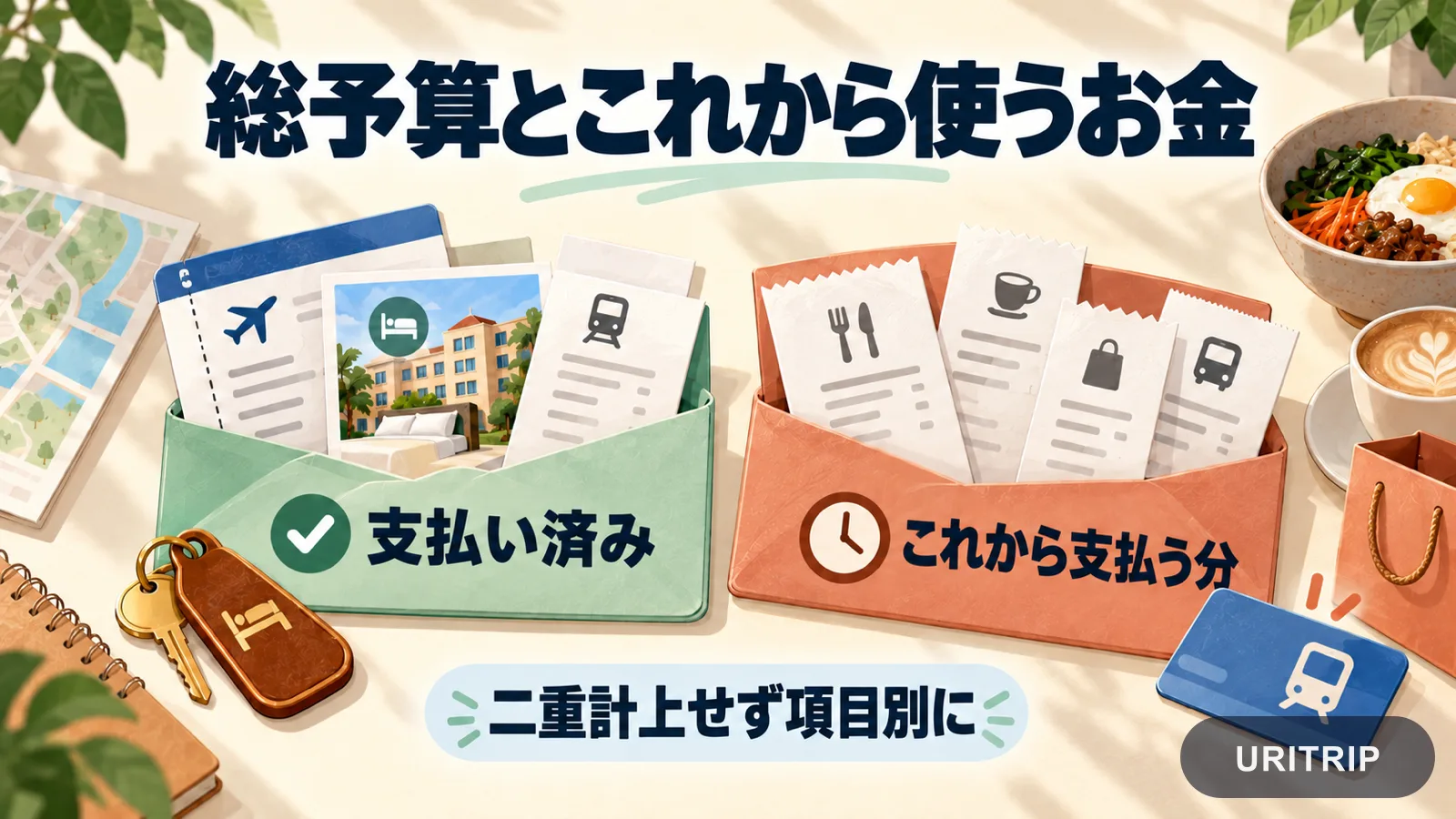 支払い済みの予約とこれから使うお金を2つの封筒に分け、旅行費用の二重計上を防ぐ考え方を示した図