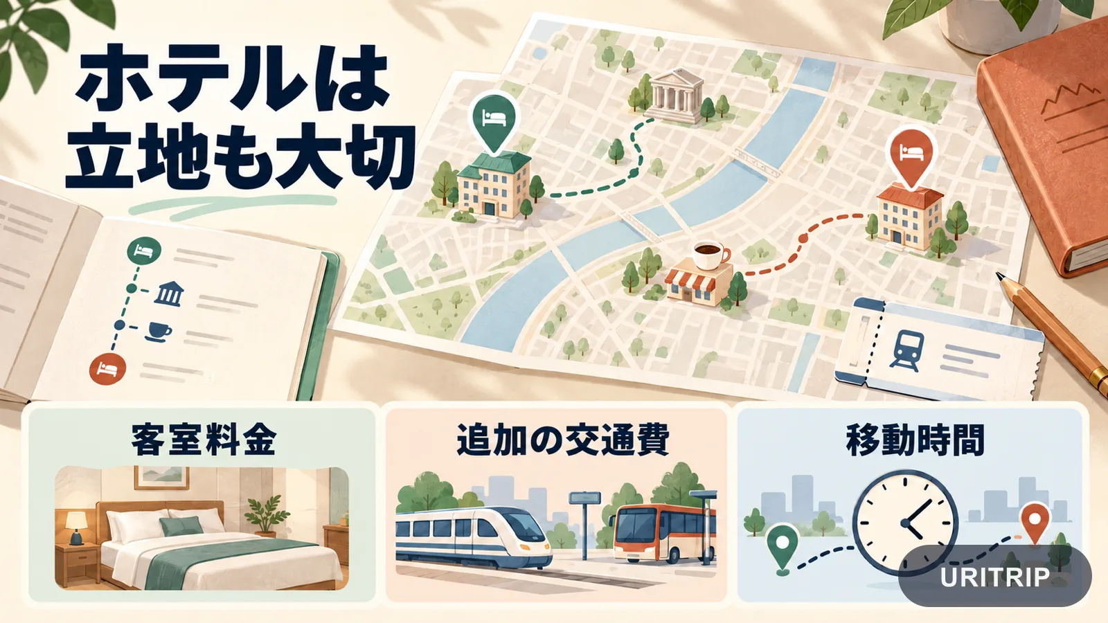 ホテルの位置と移動ルートを地図に描き、客室料金・追加の交通費・移動時間を比べる図