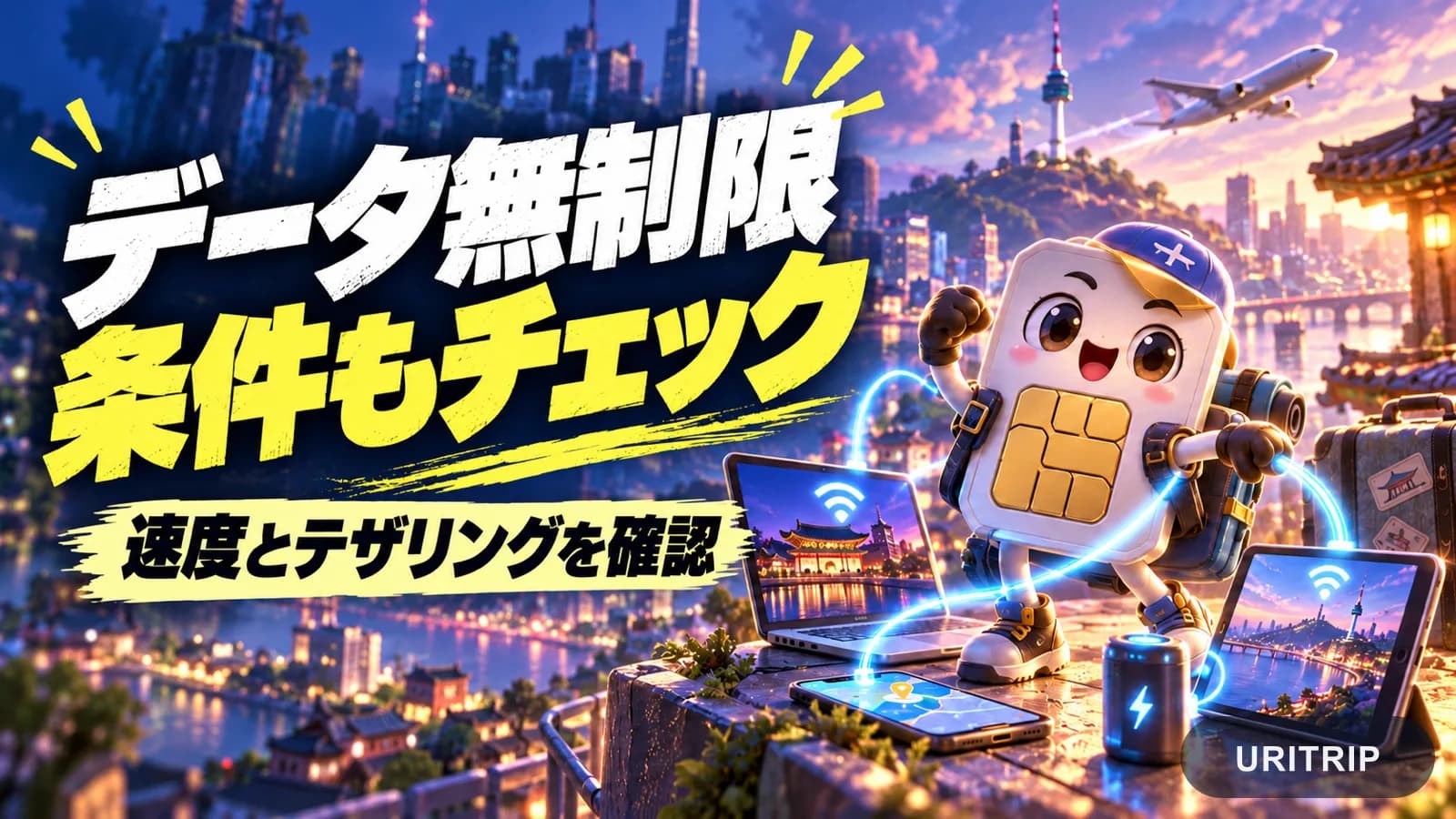 スマートフォンとパソコン・タブレットの接続を描き、データ無制限の速度とテザリング条件の確認を促すイラスト