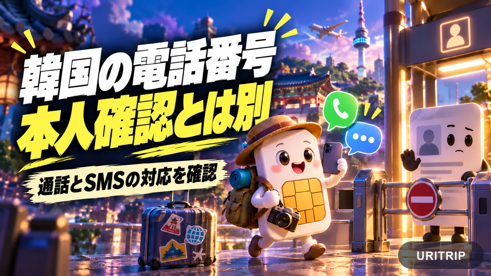 通話とSMSを使うSIMのキャラクターと、別の確認ゲートを描き、電話番号と本人確認の違いを示すイラスト