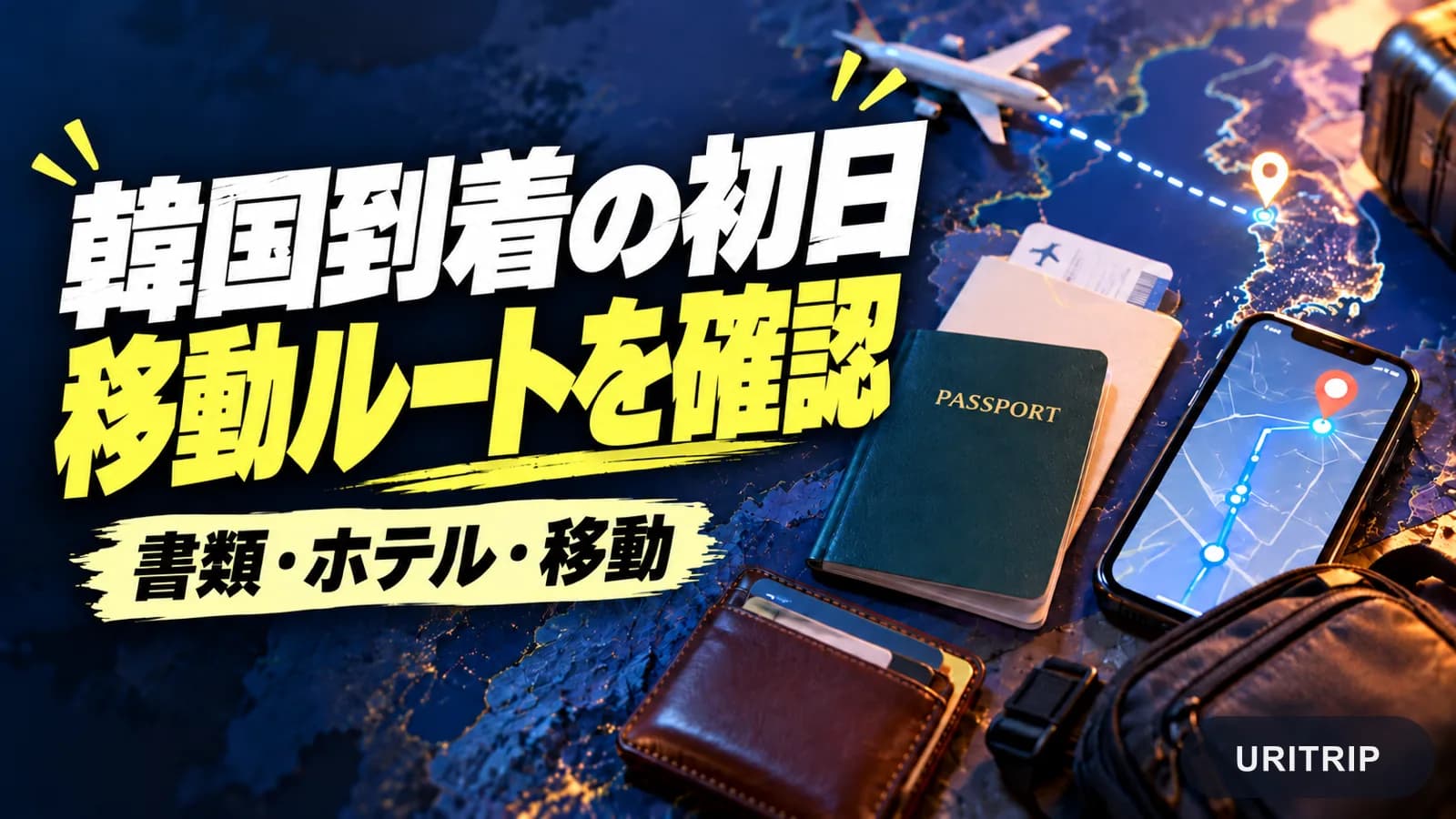 パスポート、地図を表示したスマートフォン、財布を並べ、韓国到着初日の動線に合わせた準備を勧める画像