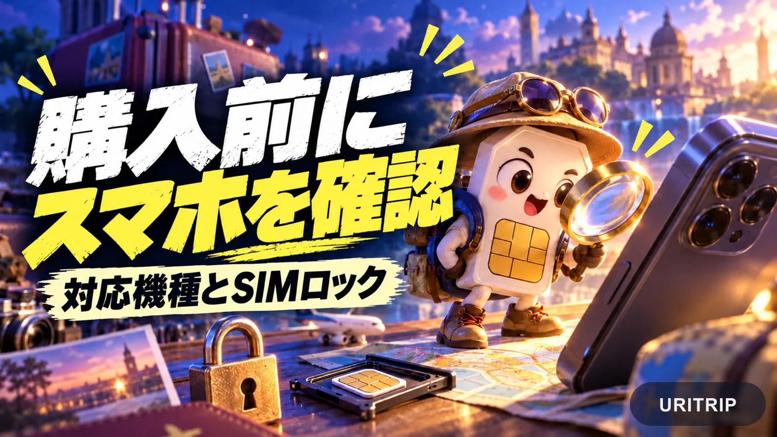 SIMのキャラクターが虫眼鏡でスマートフォンを調べ、対応機種とSIMロックの確認を促すイラスト