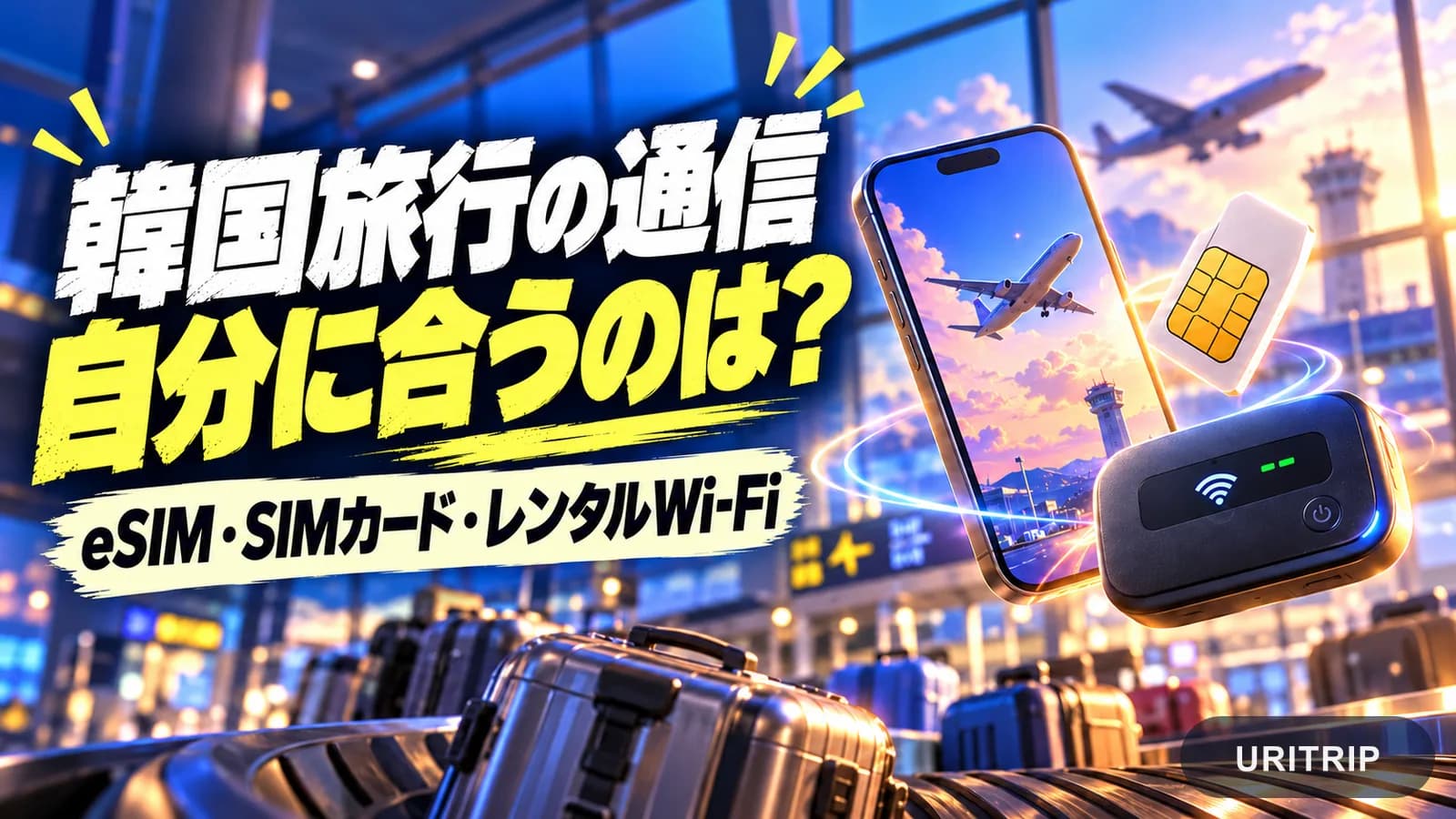 スマートフォン、SIMカード、レンタルWi-Fiを並べ、旅行中の通信手段を比較するイメージ