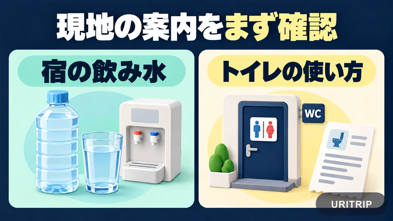 宿の飲み水とトイレの利用案内を、二つの立体イラストのパネルで示した図