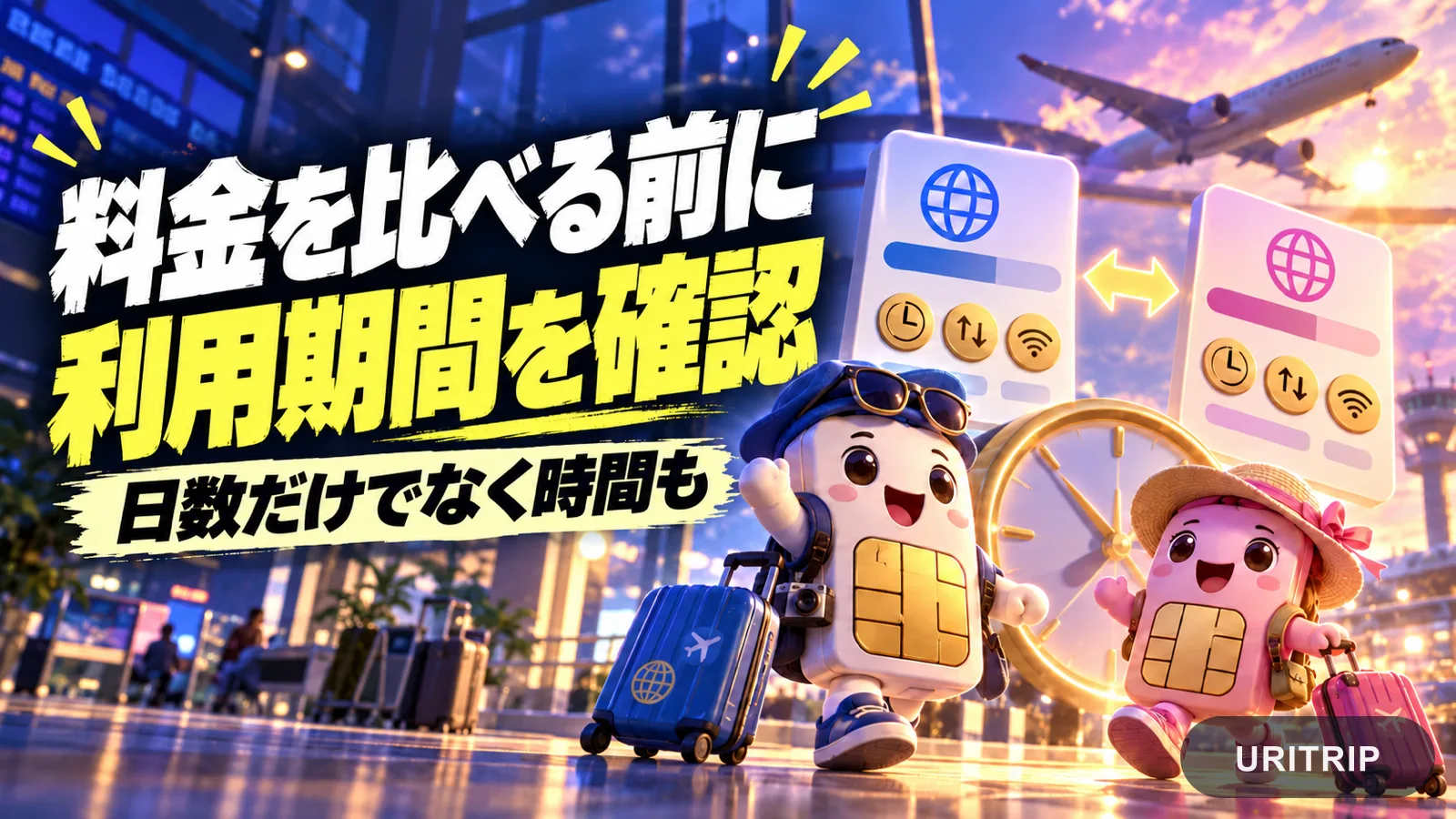 空港の時計とプランのカードを比べ、利用期間と機能をそろえて料金を比較するイラスト