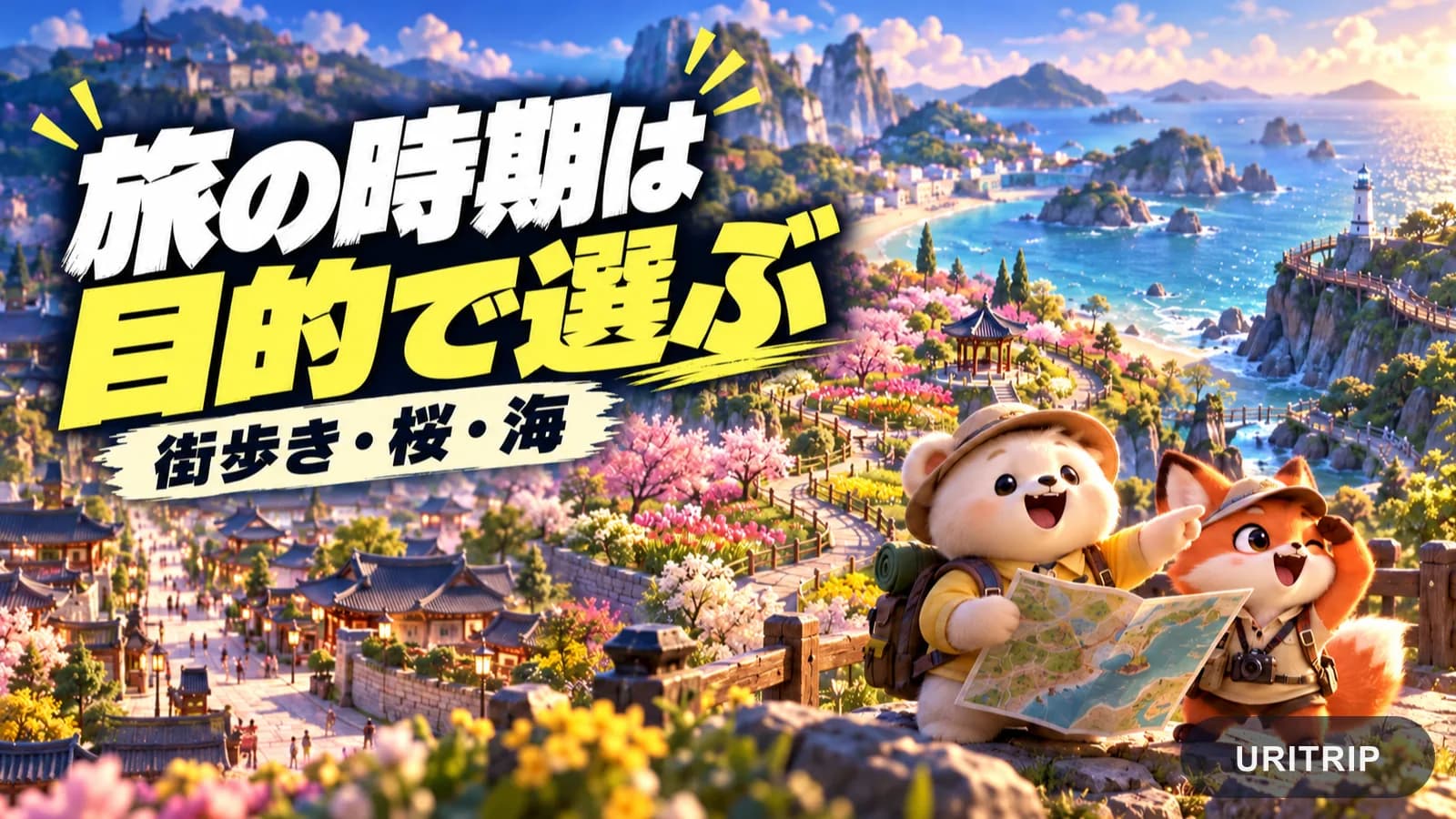 街歩きや花見、海辺の観光など、旅の目的に合わせて時期を選ぶクマとキツネのイラスト