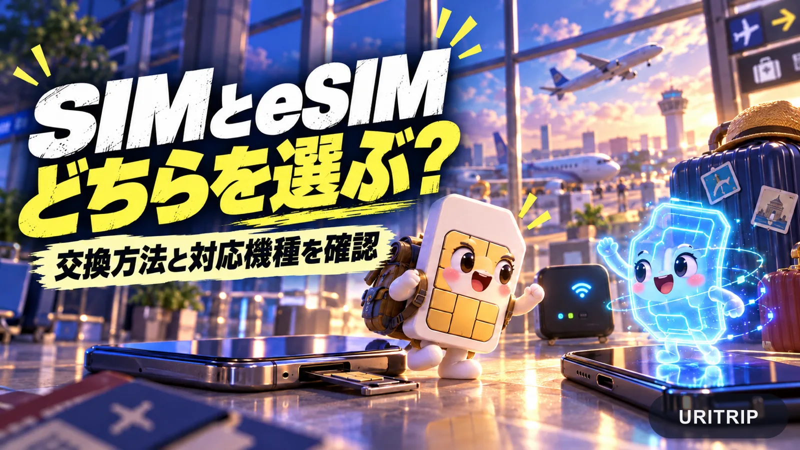 空港で物理SIMとデジタルのSIMを並べ、交換方法と対応機種の違いを示すイラスト
