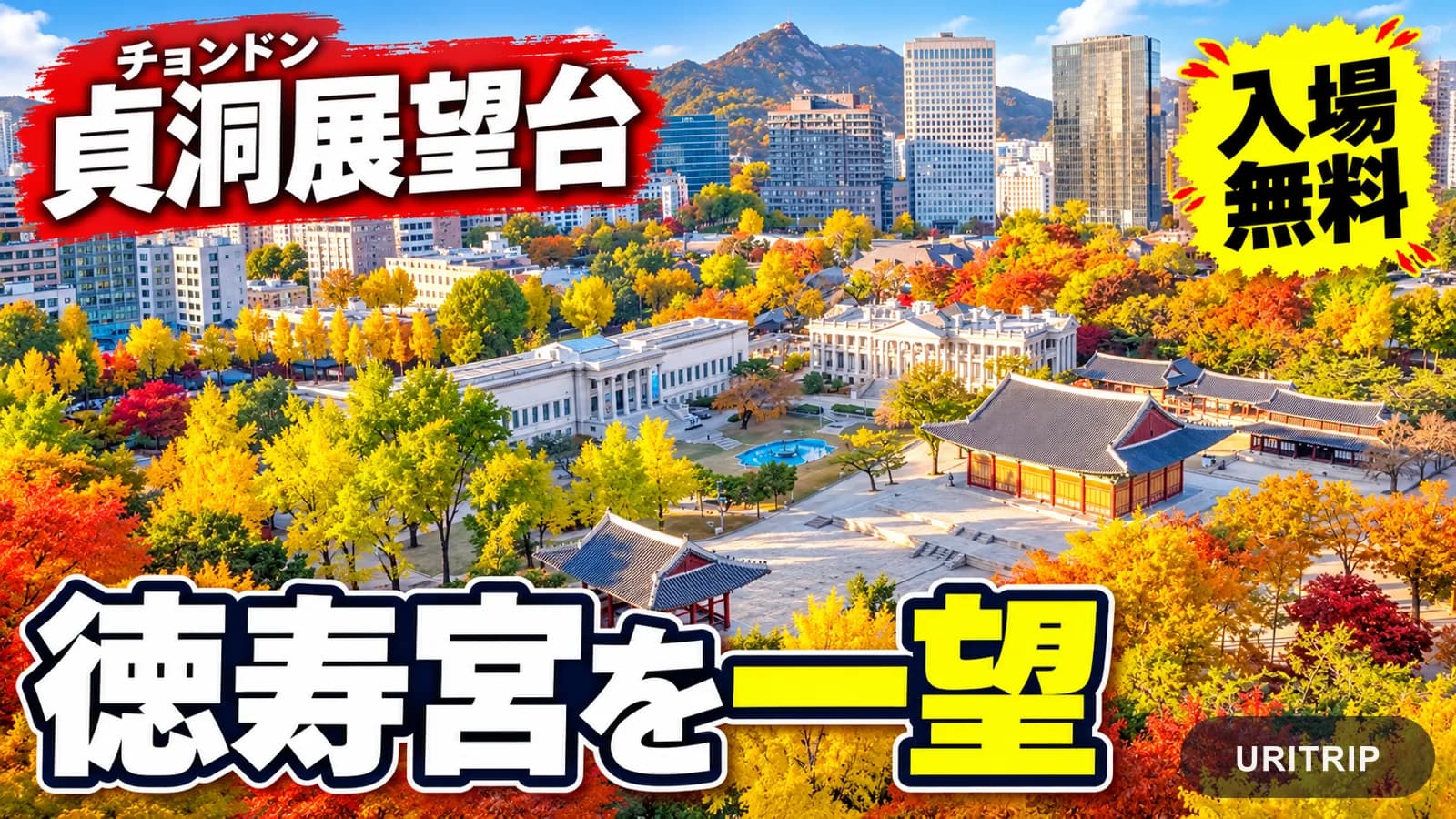 入場無料の貞洞展望台から望む、紅葉の徳寿宮とソウルの街並み