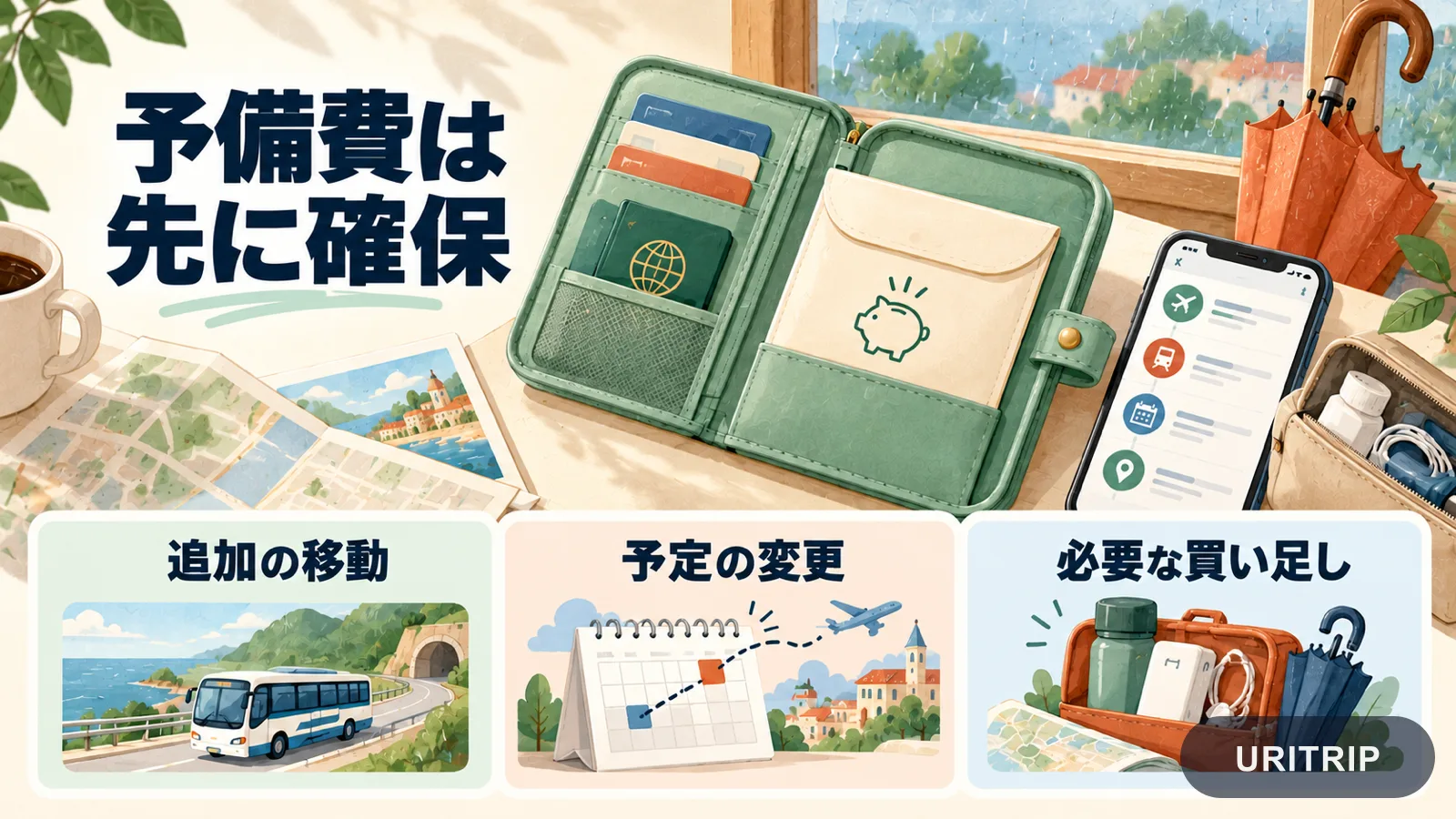 旅行用財布に予備費の封筒を分けて入れ、追加の移動・予定変更・必要な買い足しに備える図