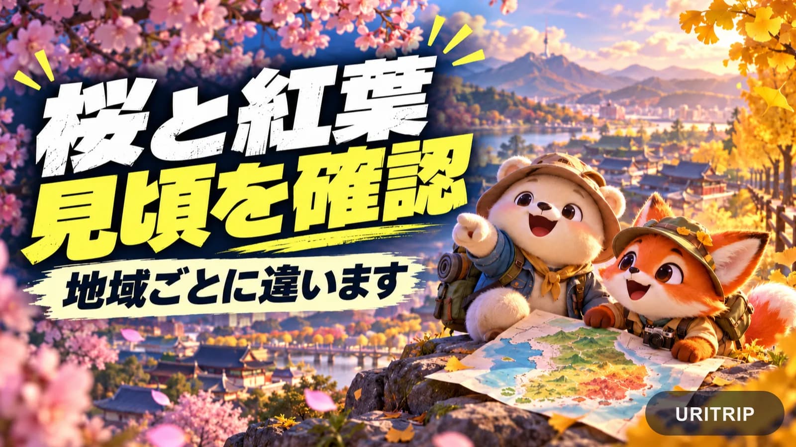 桜と紅葉の風景の間で地図を広げ、地域ごとの見頃を考える旅行者のイラスト