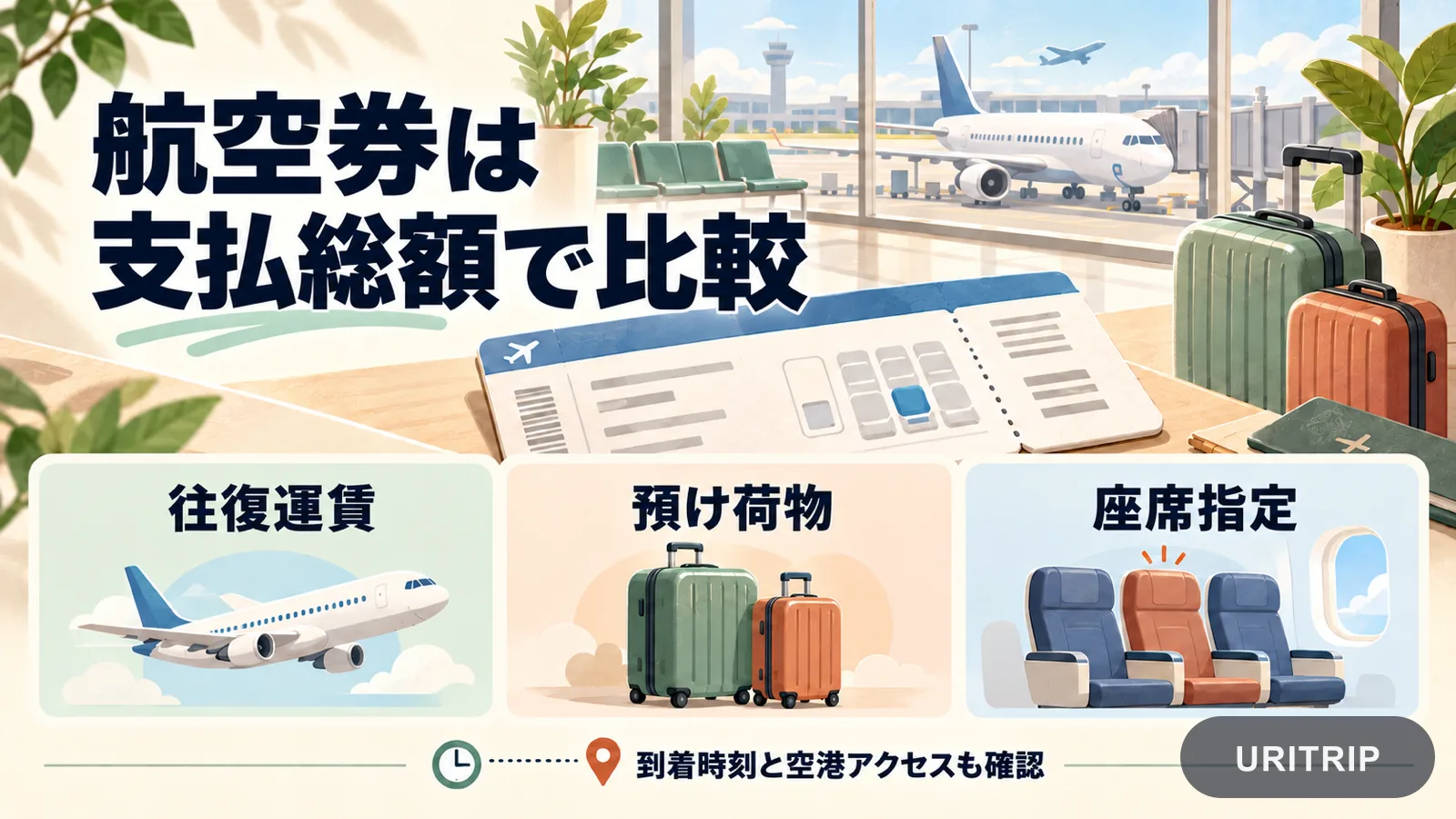 空港やスーツケースを背景に、往復運賃・預け荷物・座席指定と空港アクセスを確認するイラスト