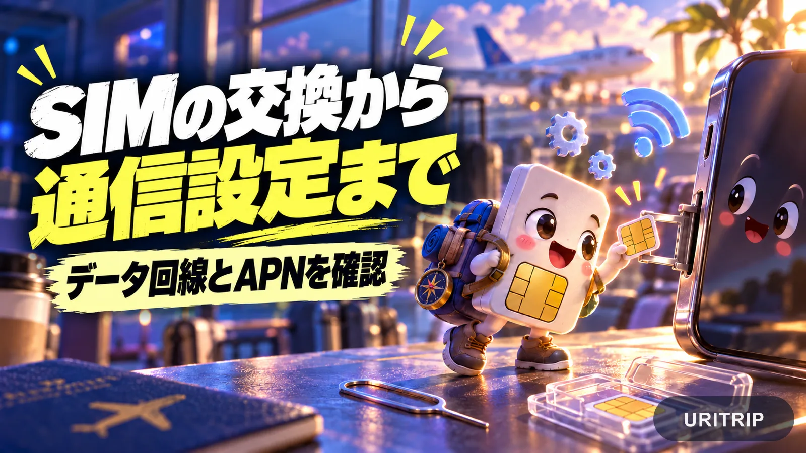 SIMカードをスマートフォンに入れるキャラクターで、データ回線とAPNの設定確認を案内するイラスト
